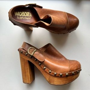 Woodies by Jeffrey Campbell studded brown leather clogs